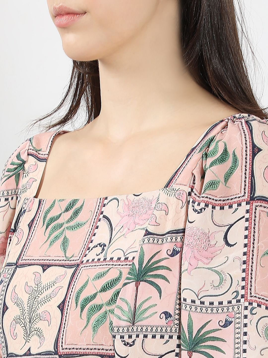 Pink Printed Square Neck Dress