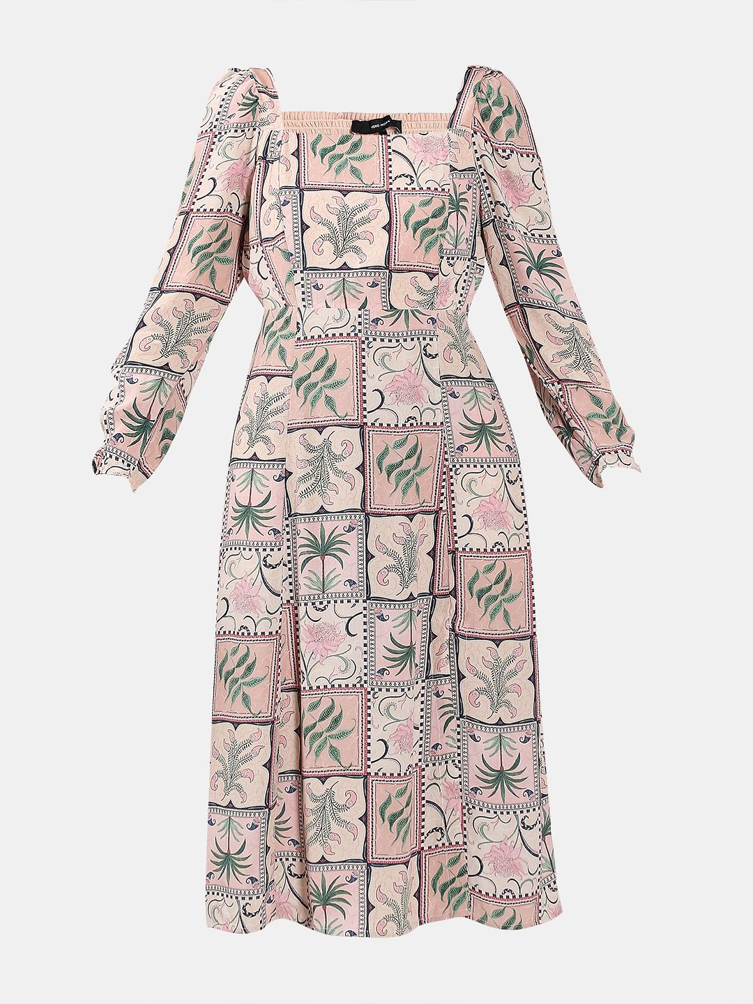 Pink Printed Square Neck Dress