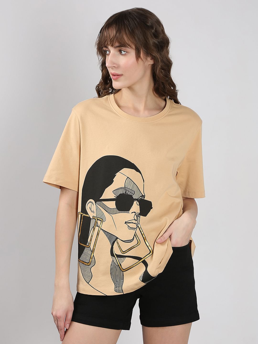 Beige Printed Cotton T-Shirt