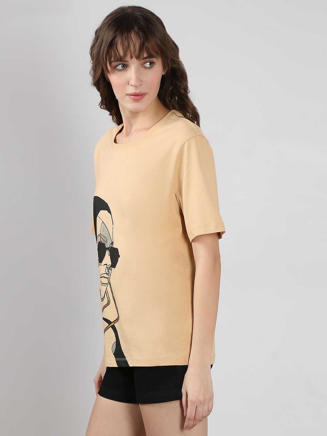Beige Printed Cotton T-Shirt