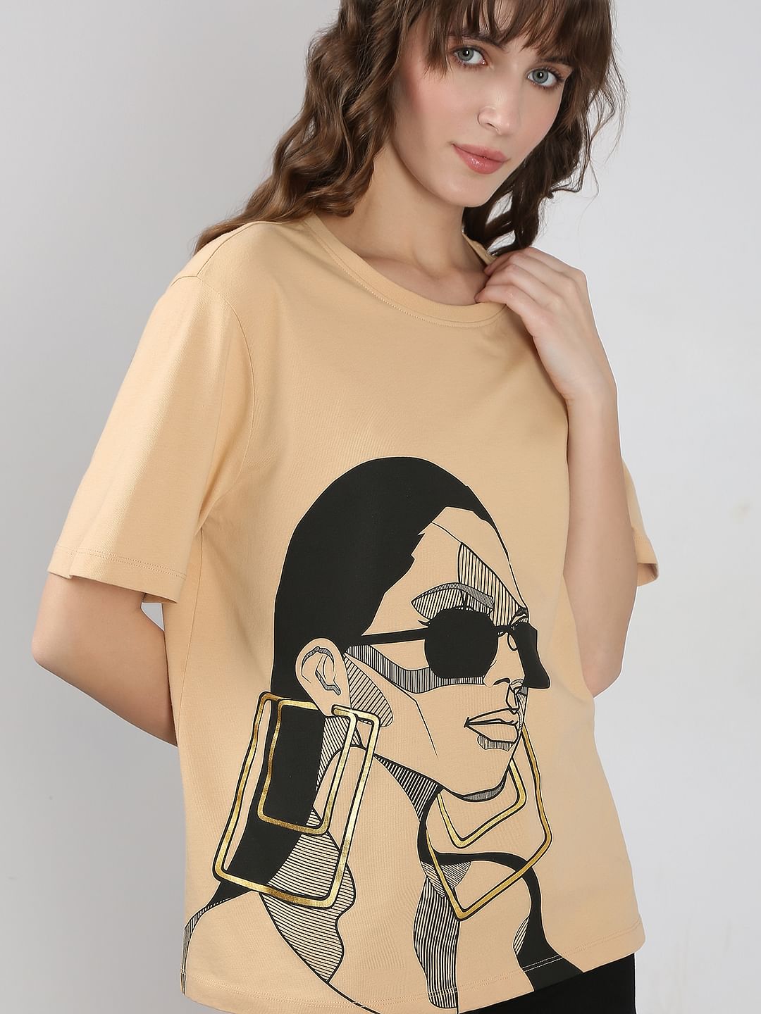 Beige Printed Cotton T-Shirt