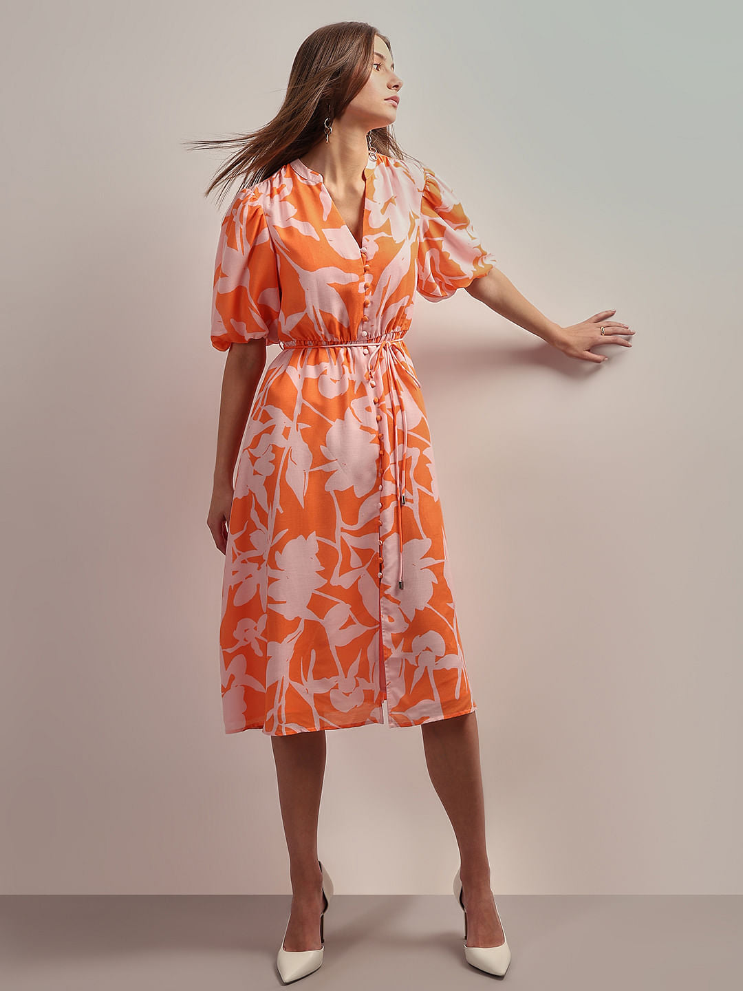 Orange Floral Midi Dress