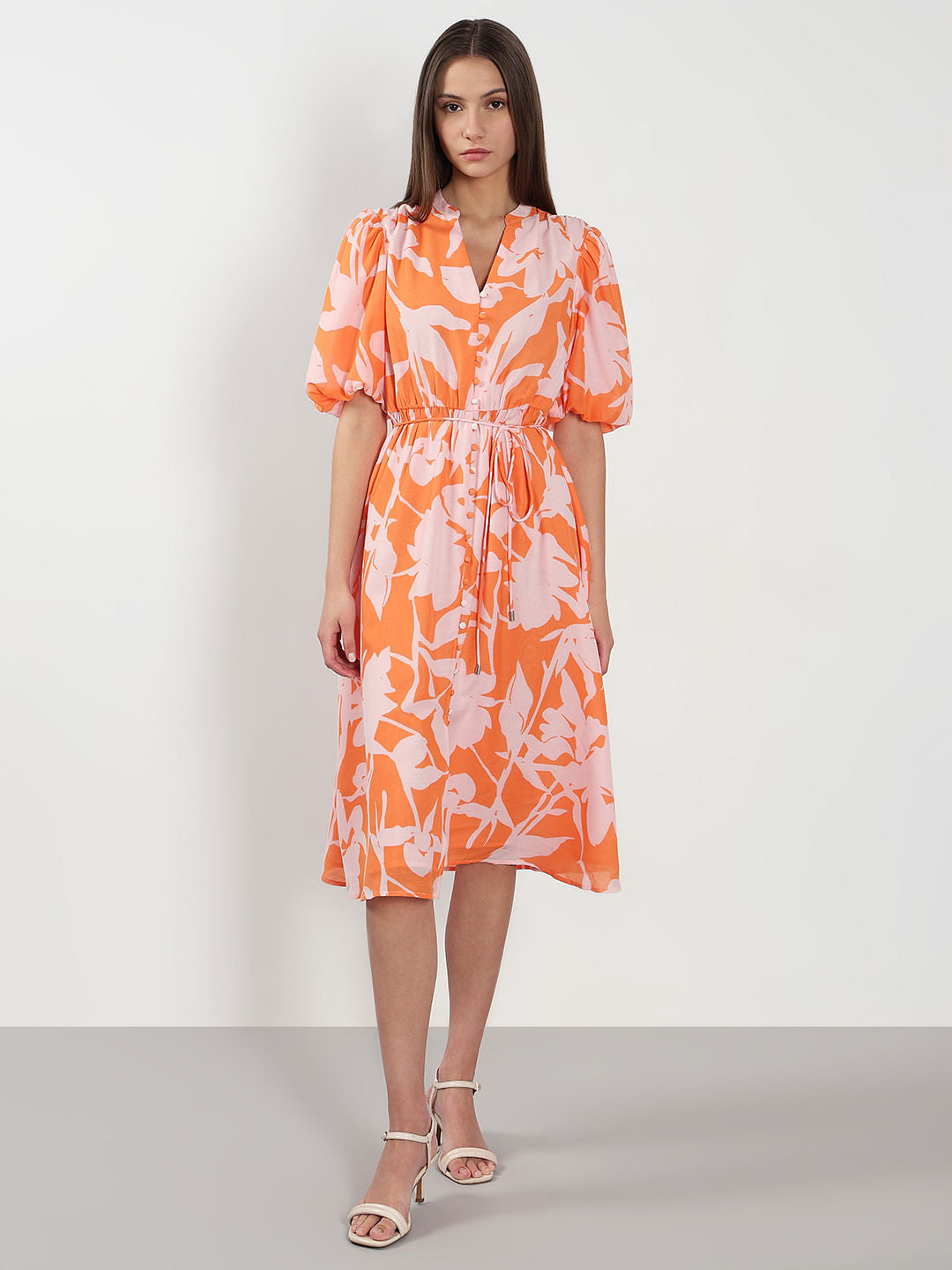 Orange Floral Midi Dress
