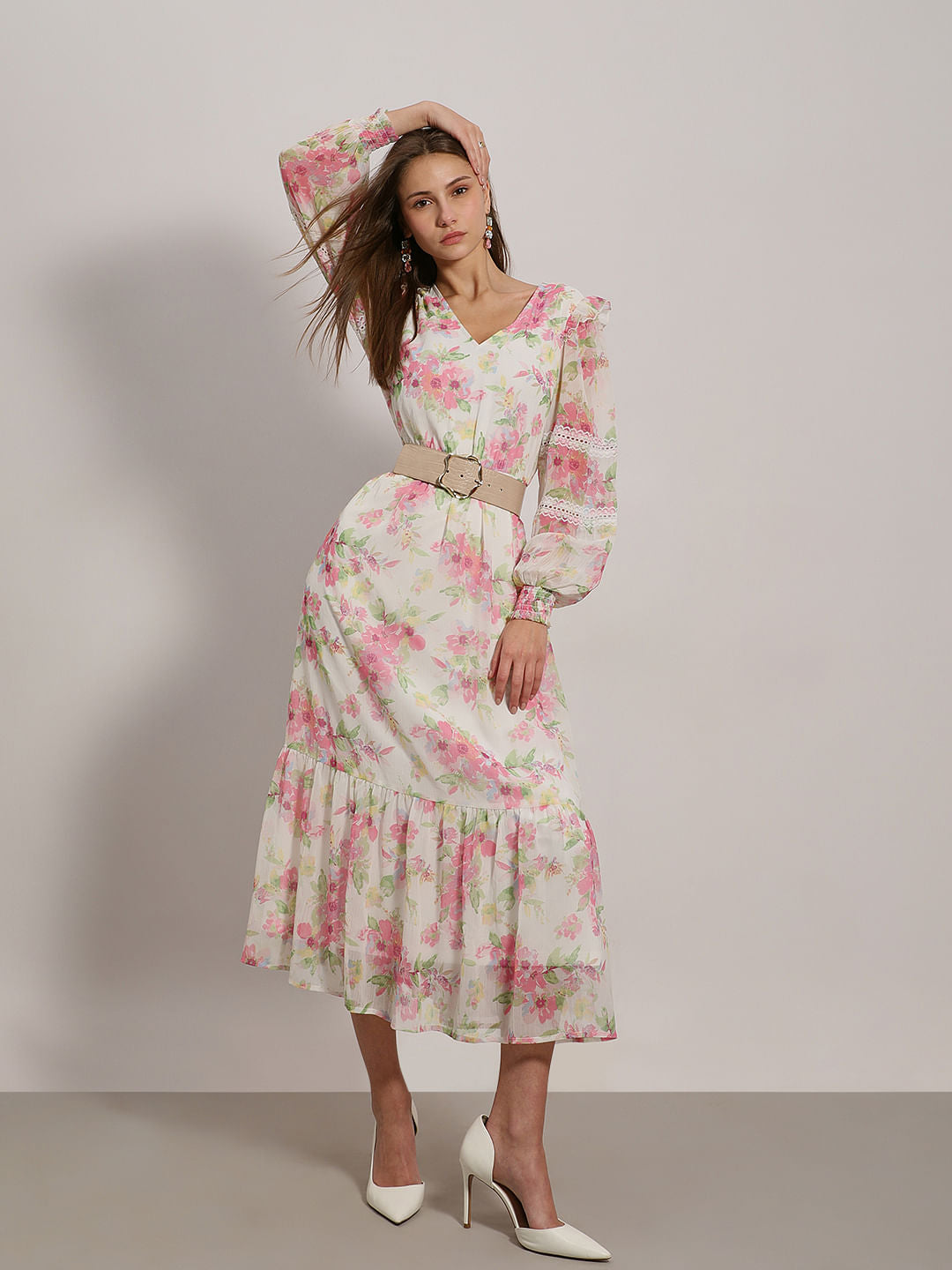 White & Pink Floral Midi Dress