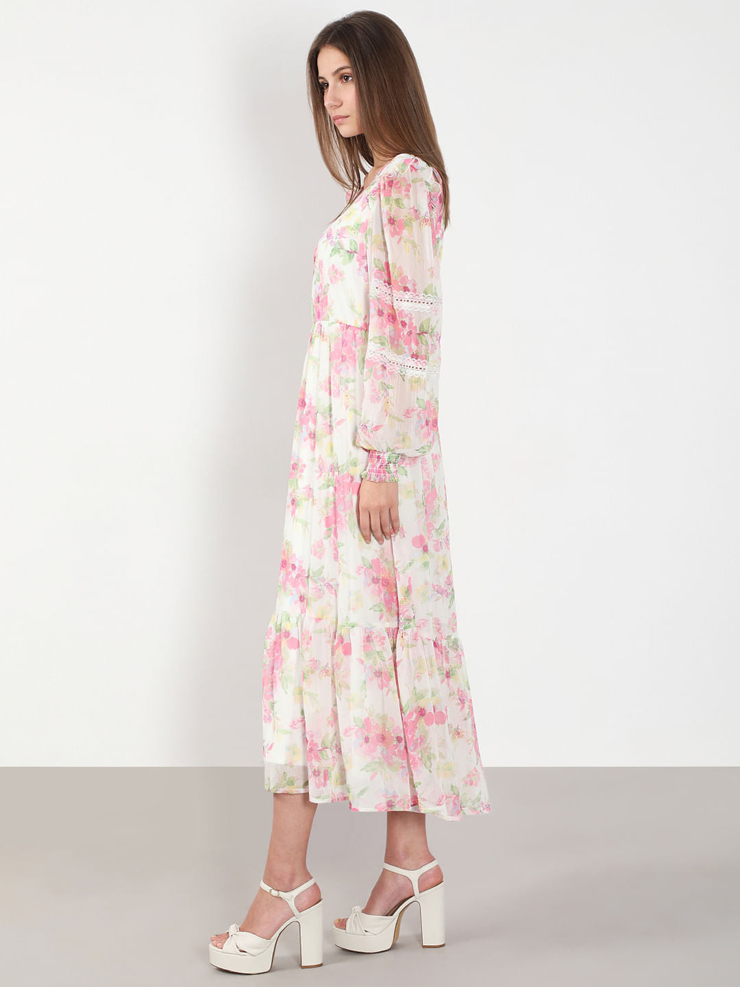 White & Pink Floral Midi Dress