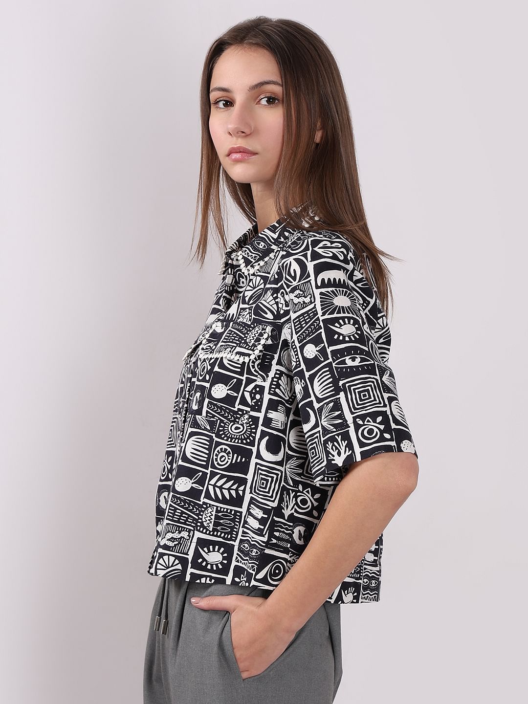 Black & White Printed Cropped Shirt