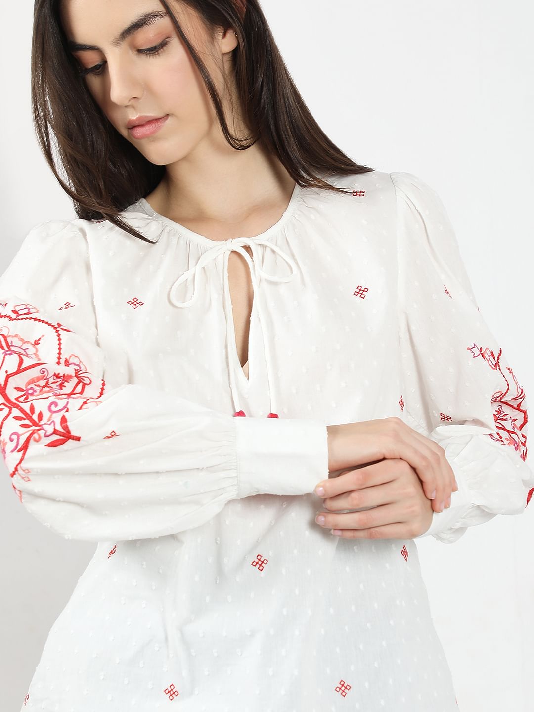 White Red Printed Embroidered Top