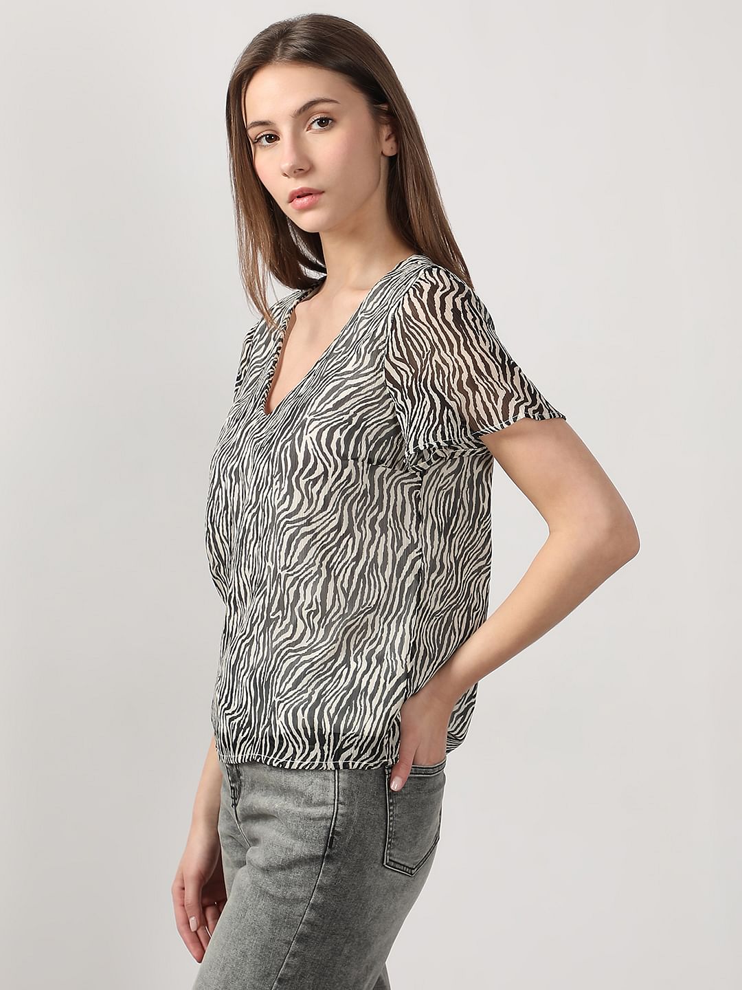 Black Printed V Neck Top