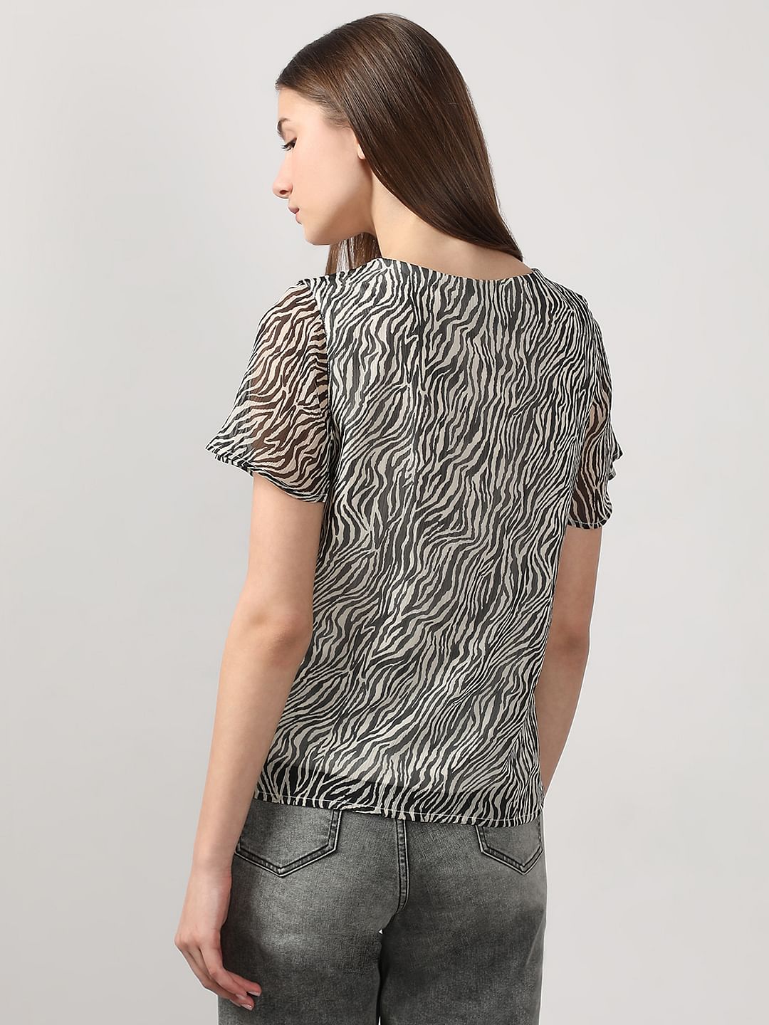 Black Printed V Neck Top