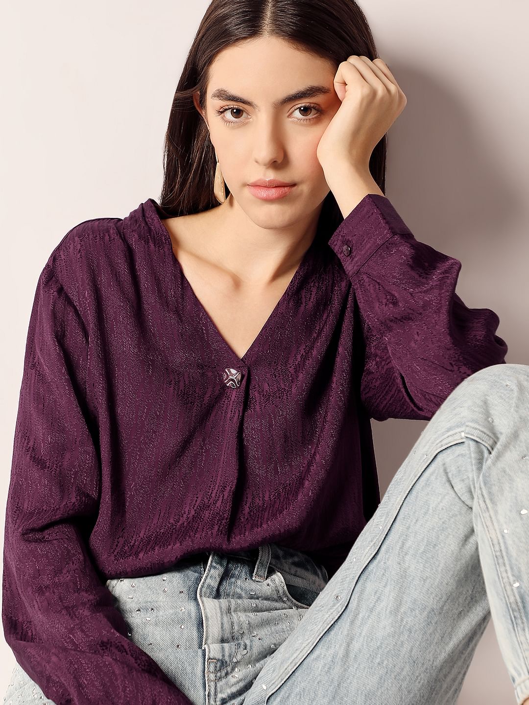 Purple V Neck Jacquard Top