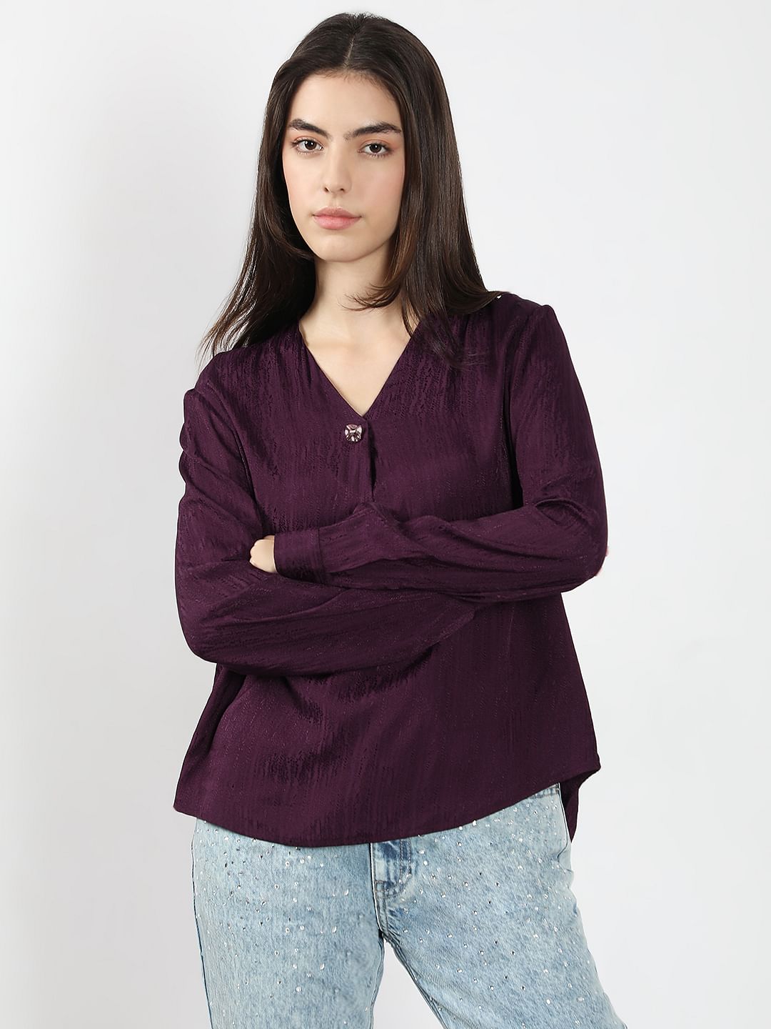 Purple V Neck Jacquard Top