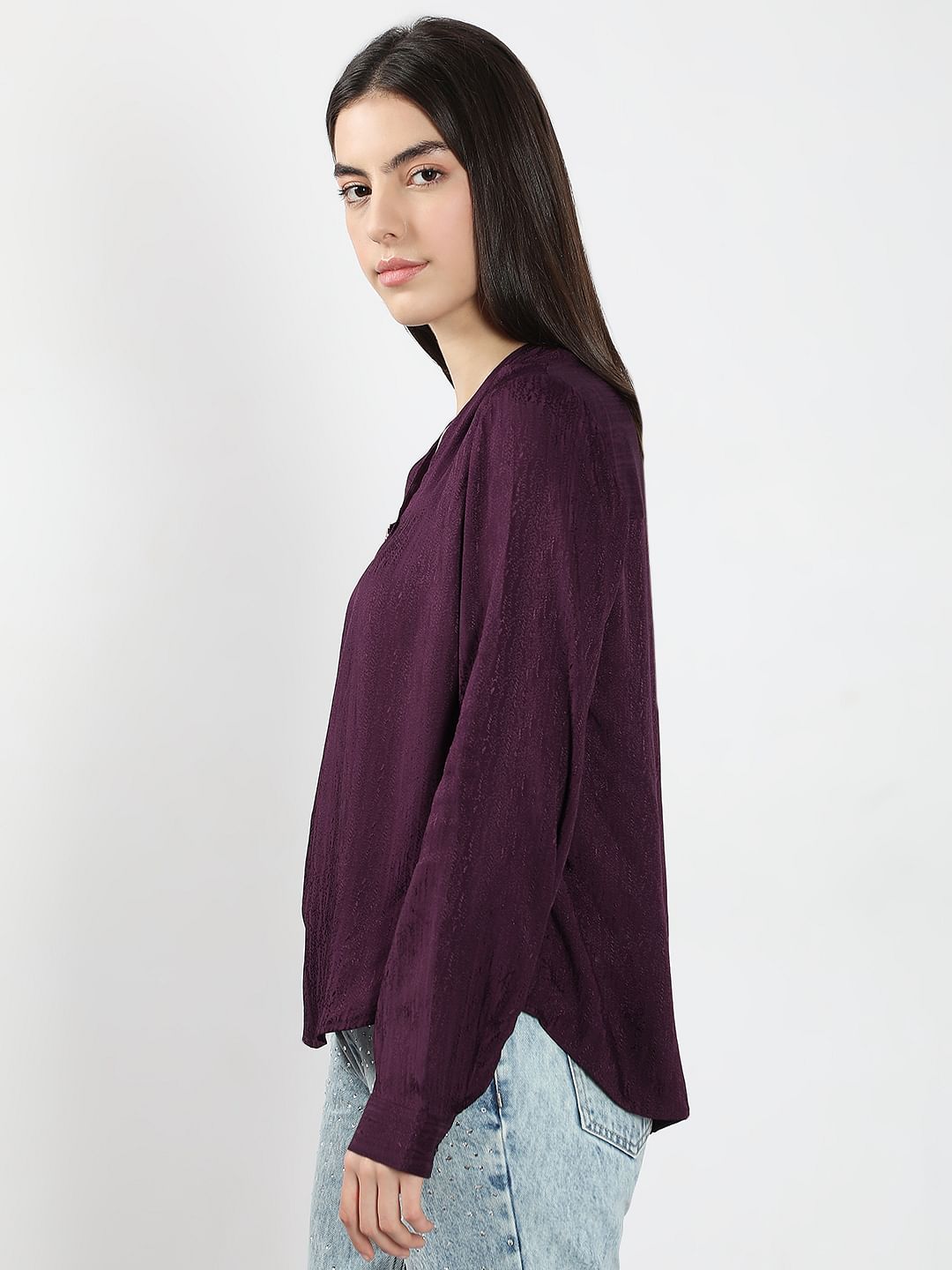 Purple V Neck Jacquard Top