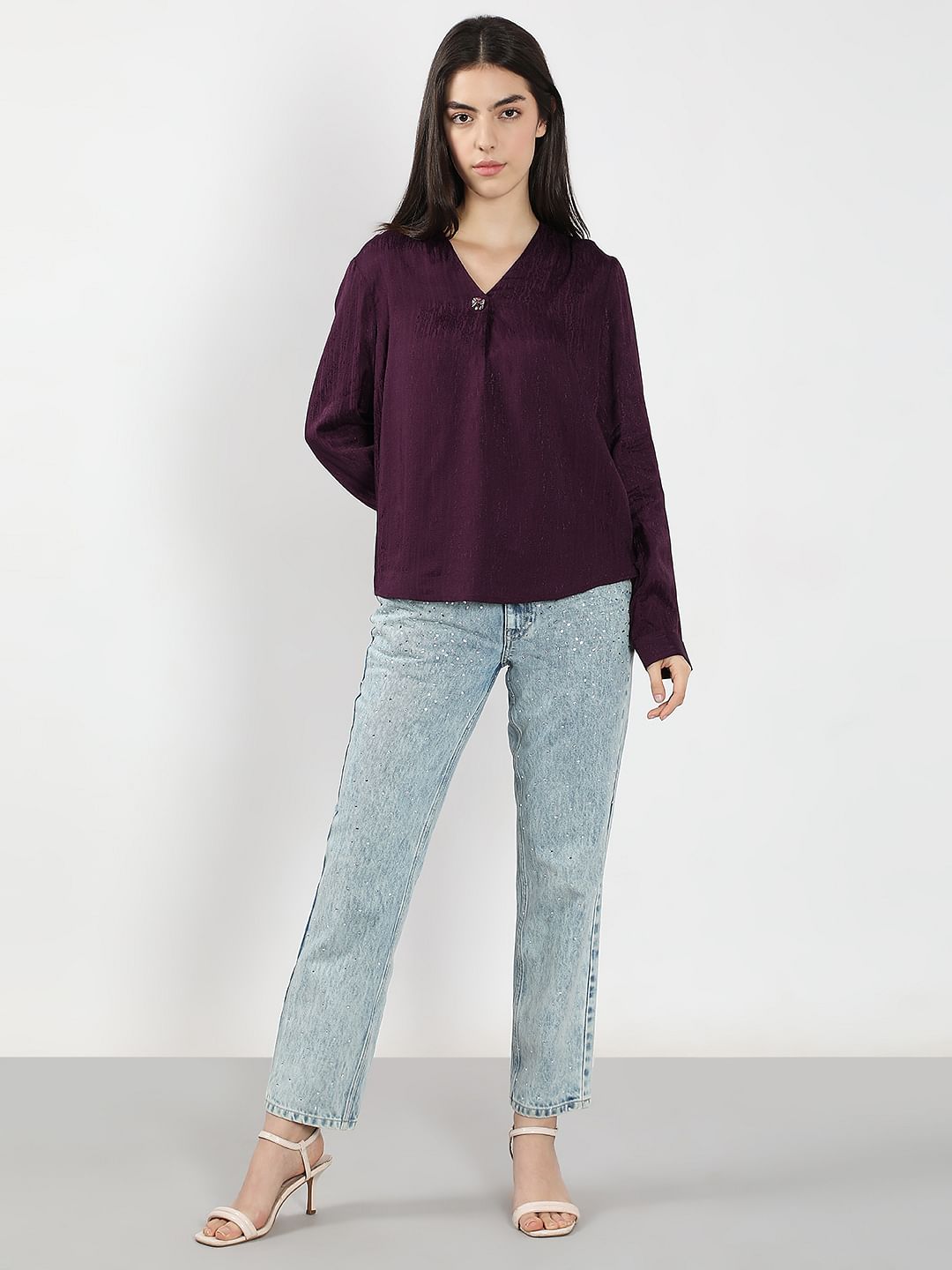 Purple V Neck Jacquard Top