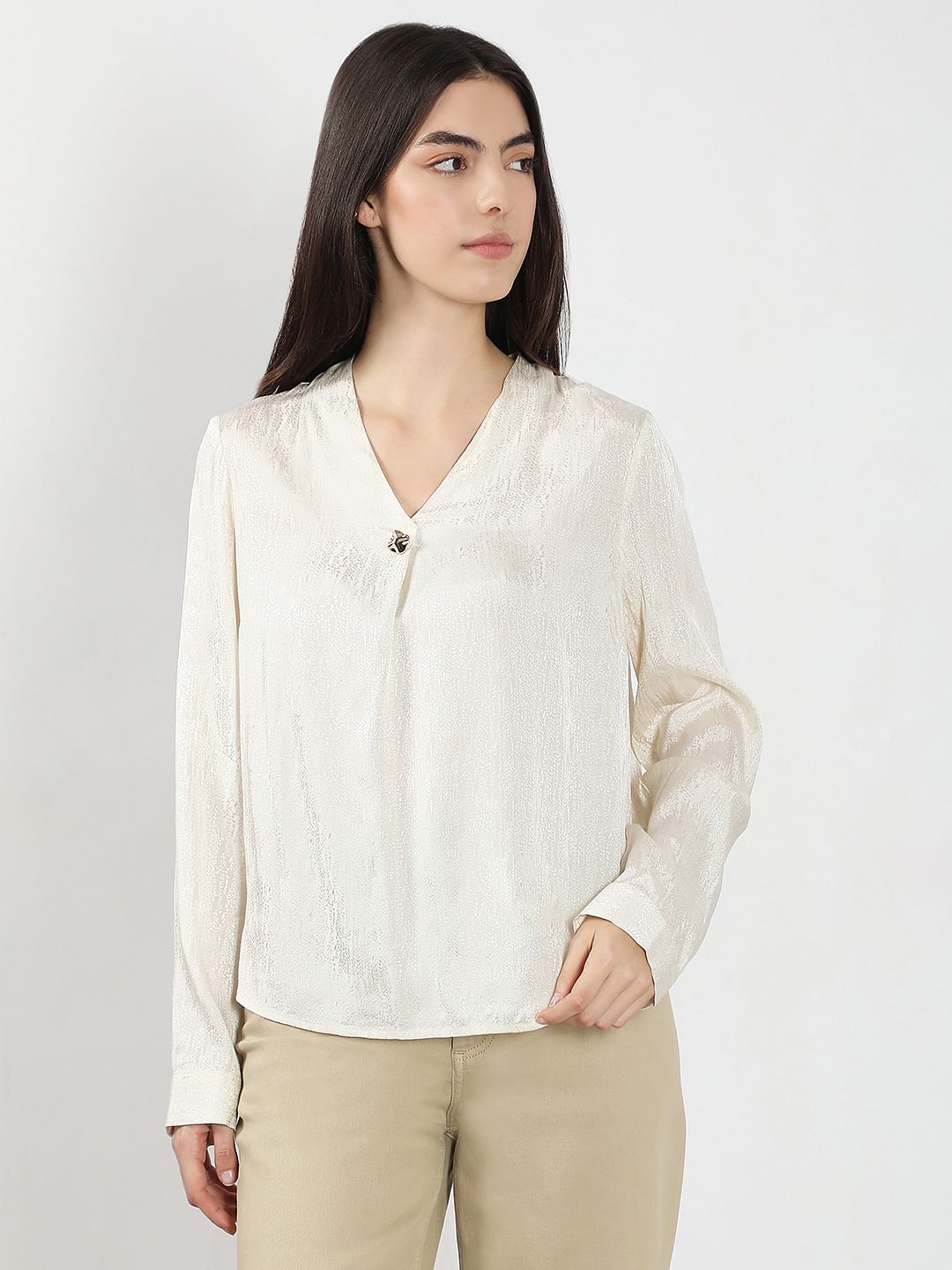 Ivory V Neck Jacquard Top