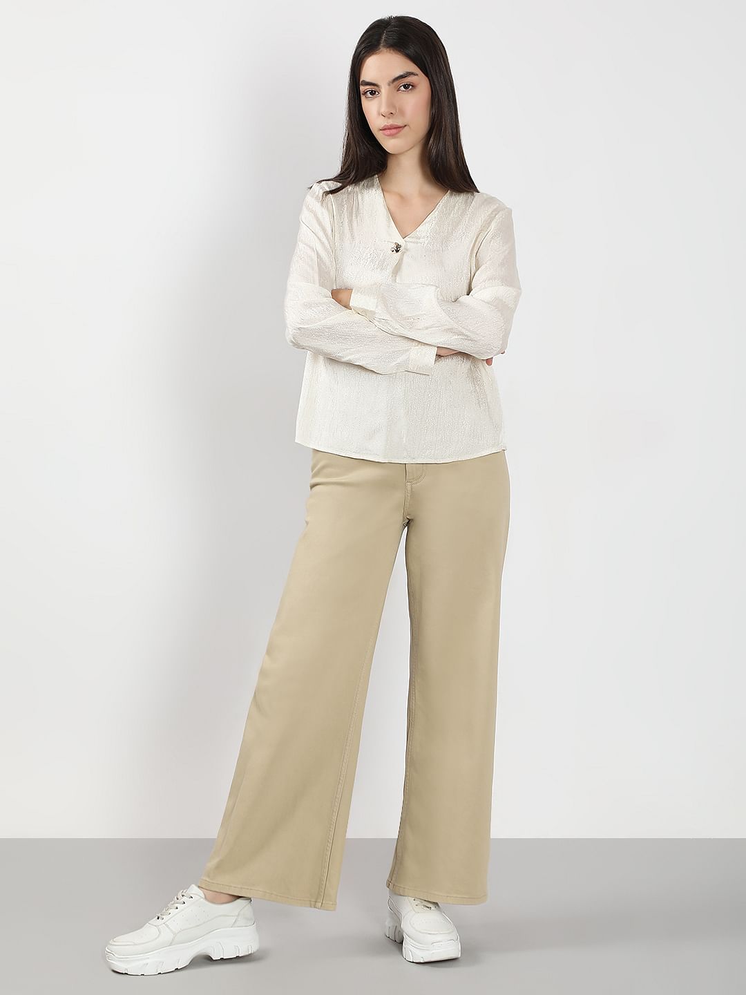 Ivory V Neck Jacquard Top