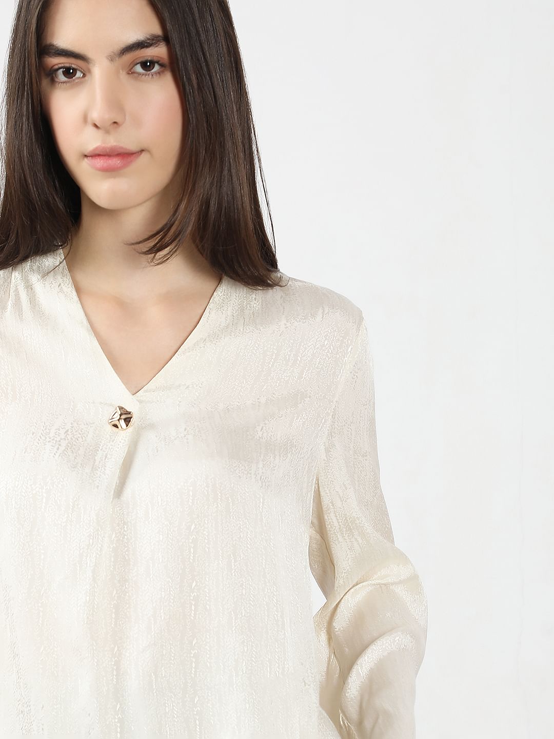 Ivory V Neck Jacquard Top