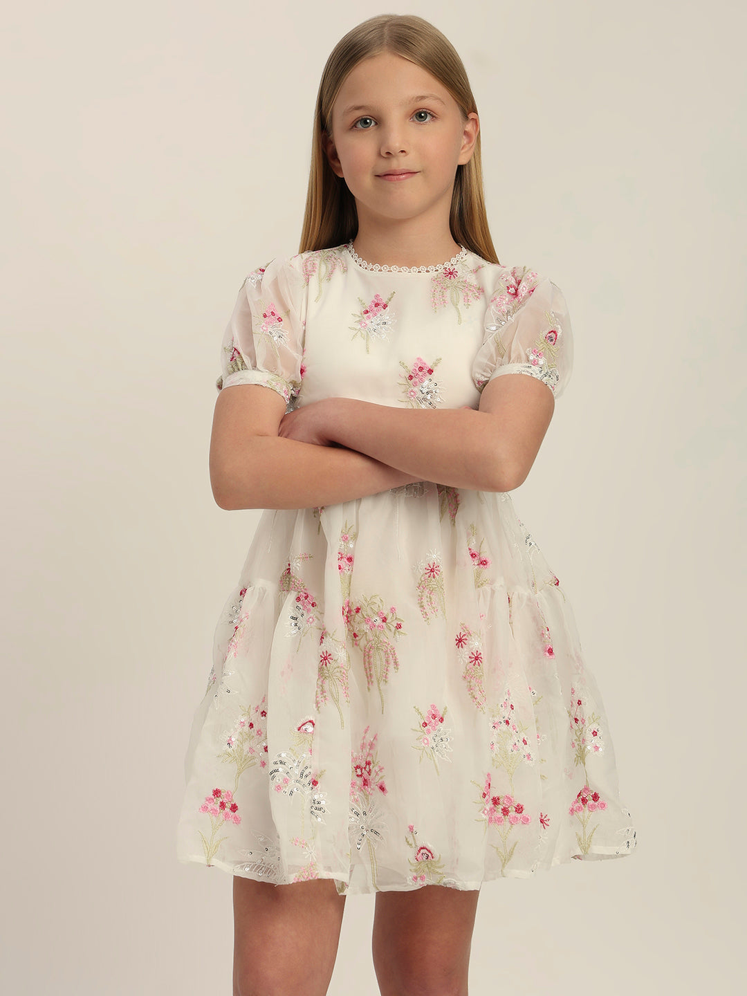 Girls Floral Puff-Sleeves Dress
