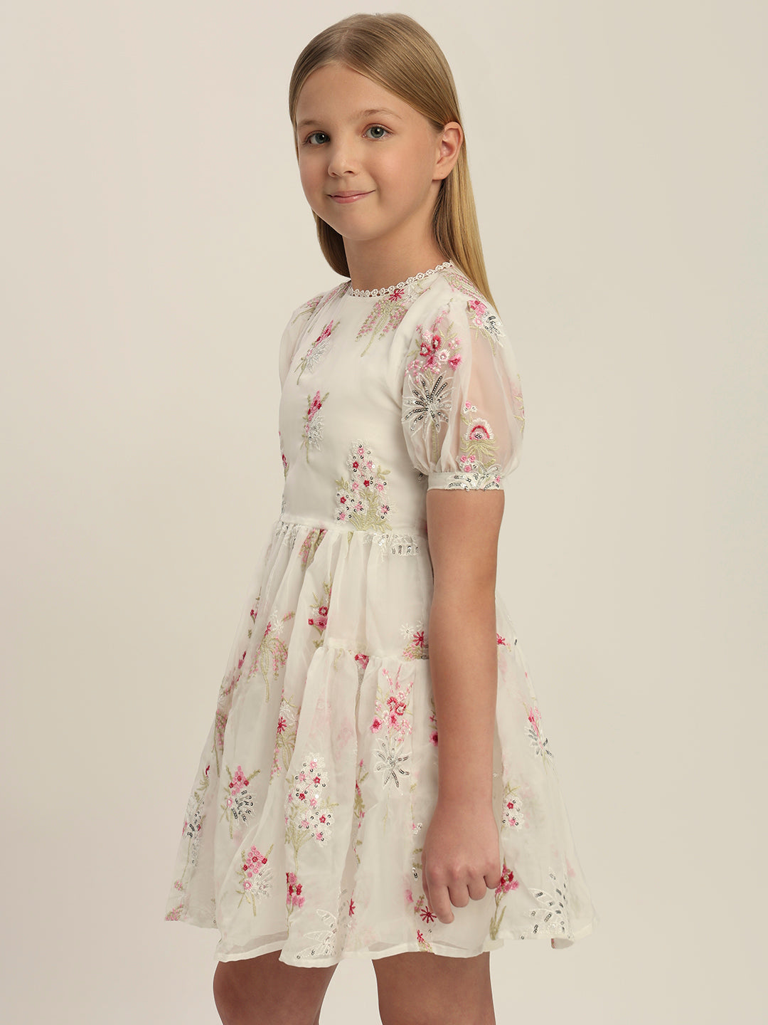 Girls Floral Puff-Sleeves Dress