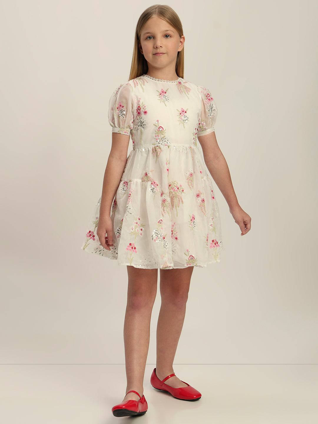 Girls Floral Puff-Sleeves Dress