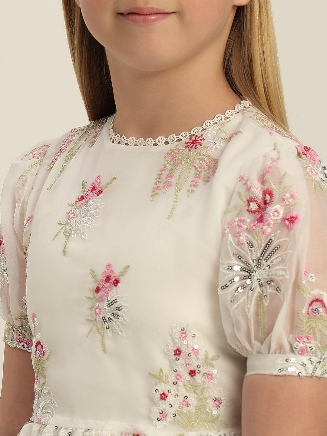 Girls Floral Puff-Sleeves Dress