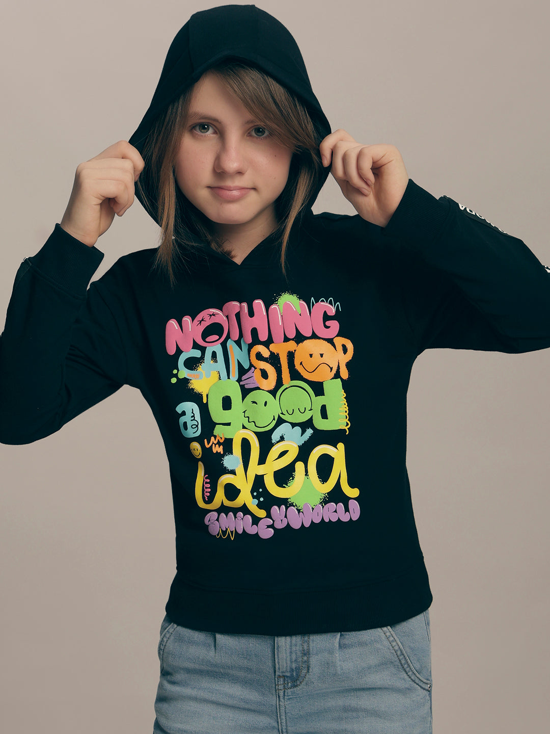 Girls Black Printed Hoodie