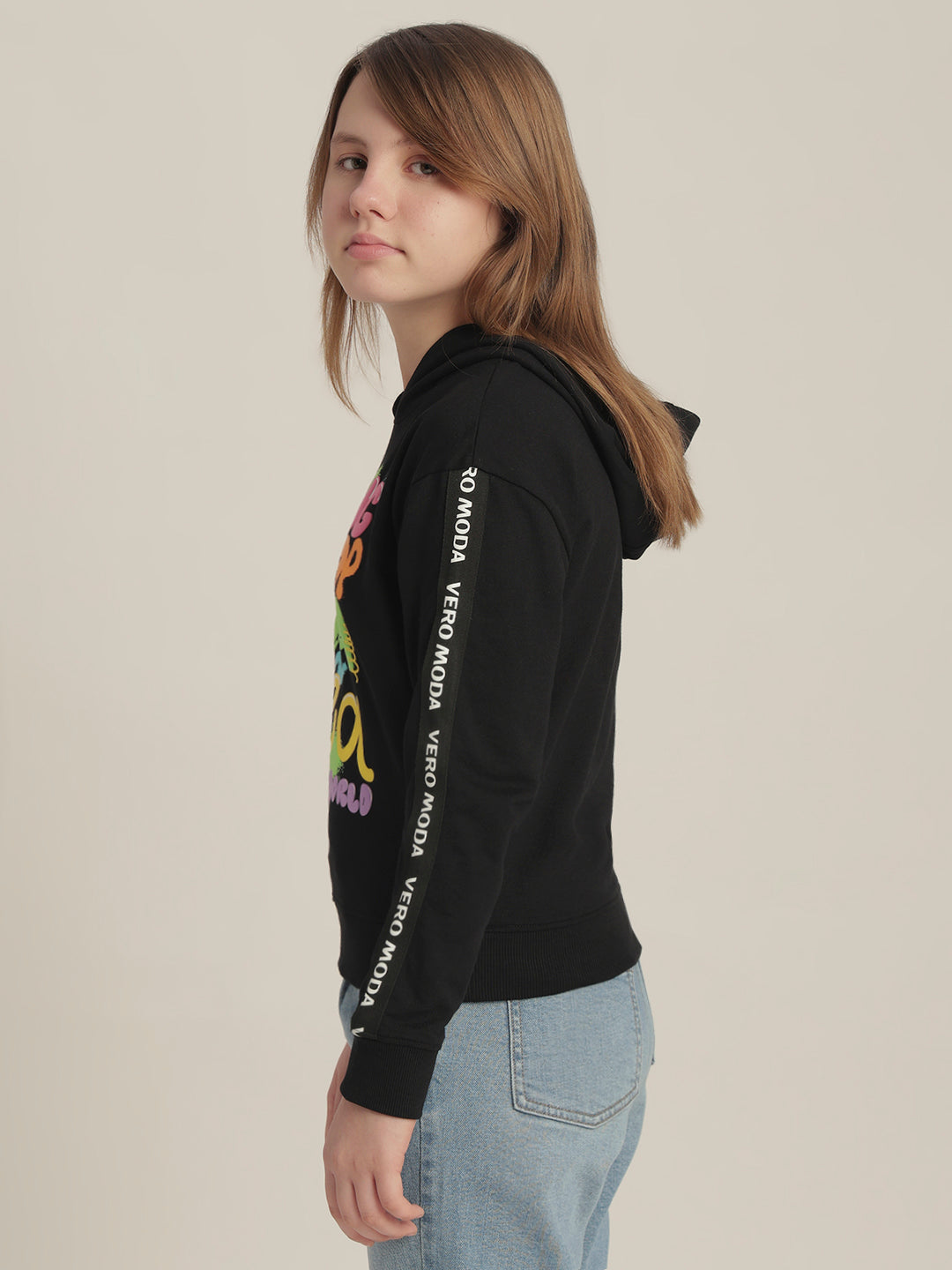 Girls Black Printed Hoodie