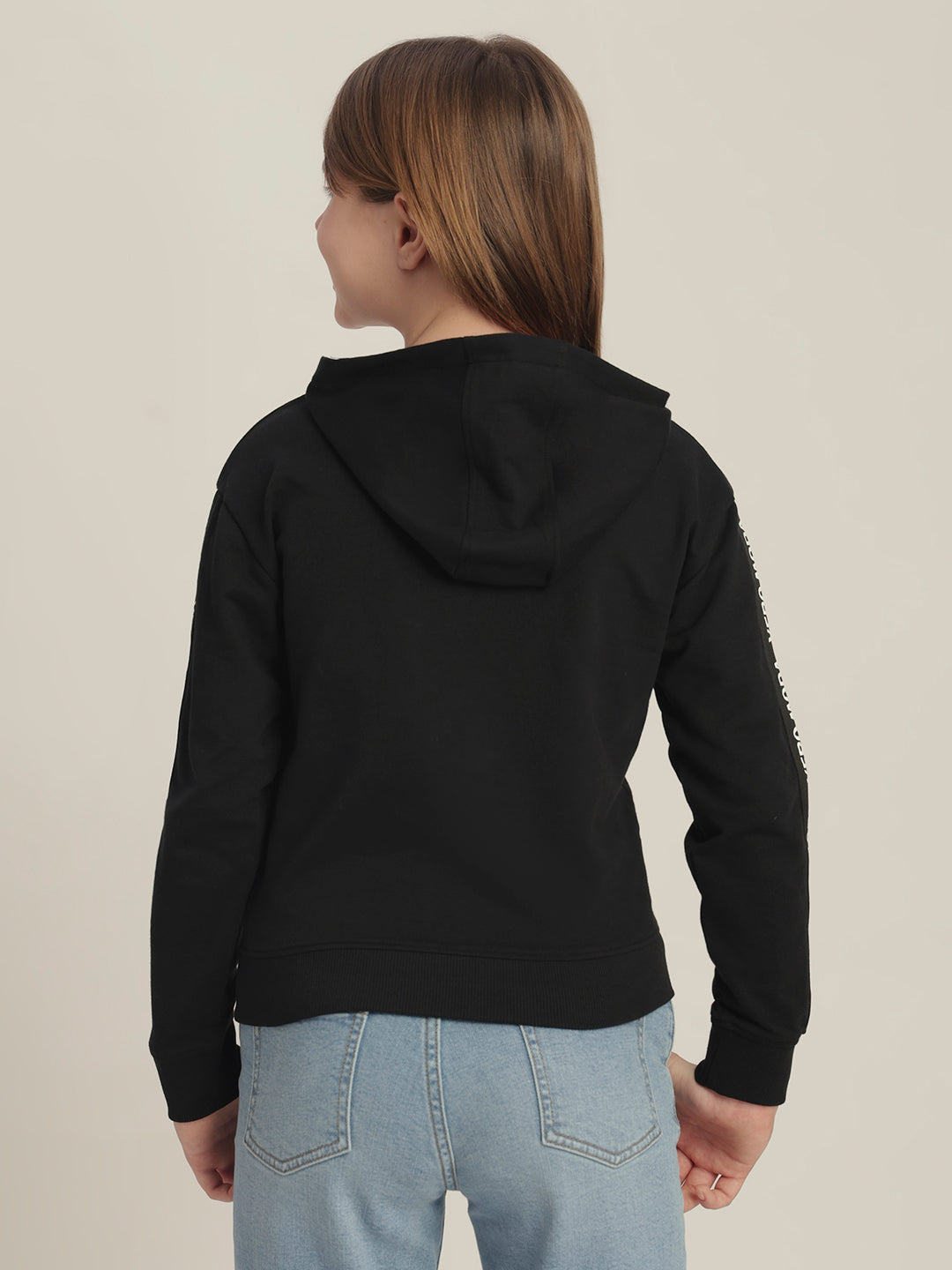 Girls Black Printed Hoodie