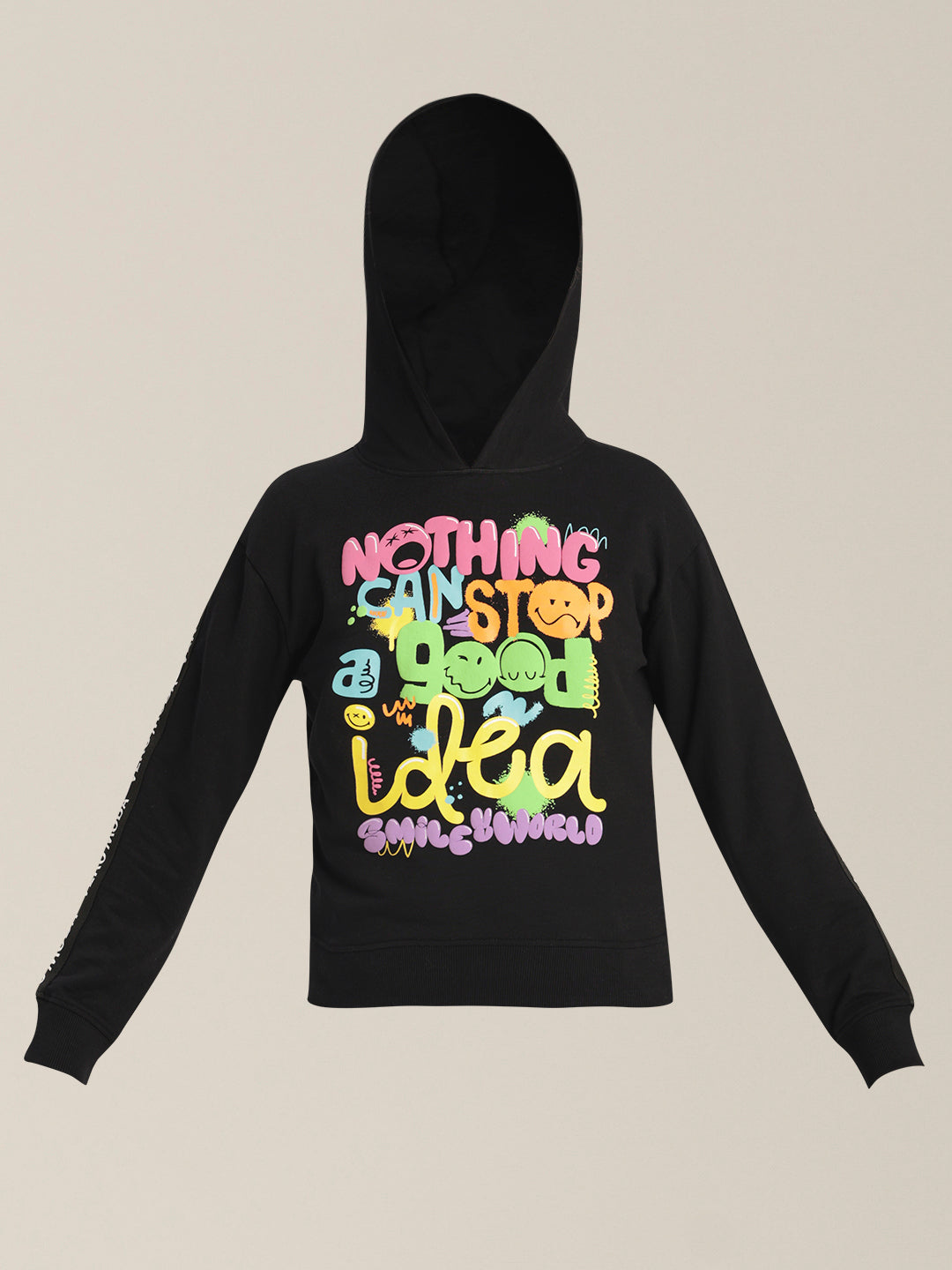 Girls Black Printed Hoodie