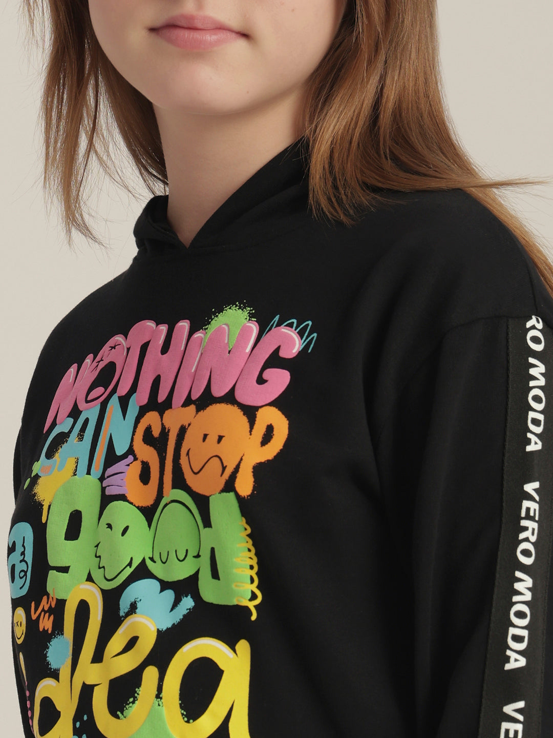 Girls Black Printed Hoodie