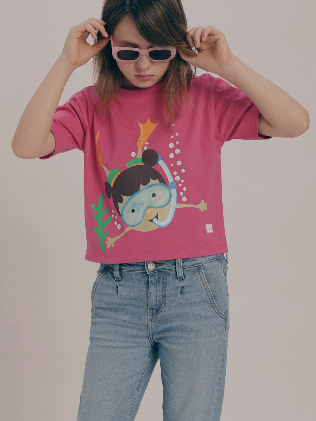 Girls Pink Printed Cotton T-shirt