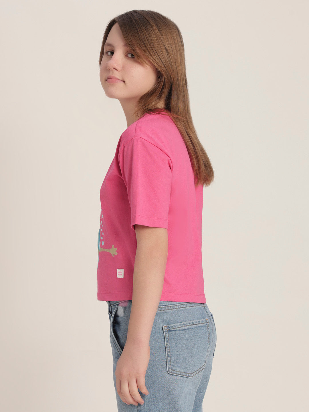 Girls Pink Printed Cotton T-shirt