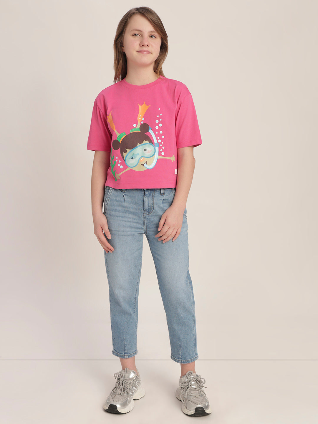 Girls Pink Printed Cotton T-shirt