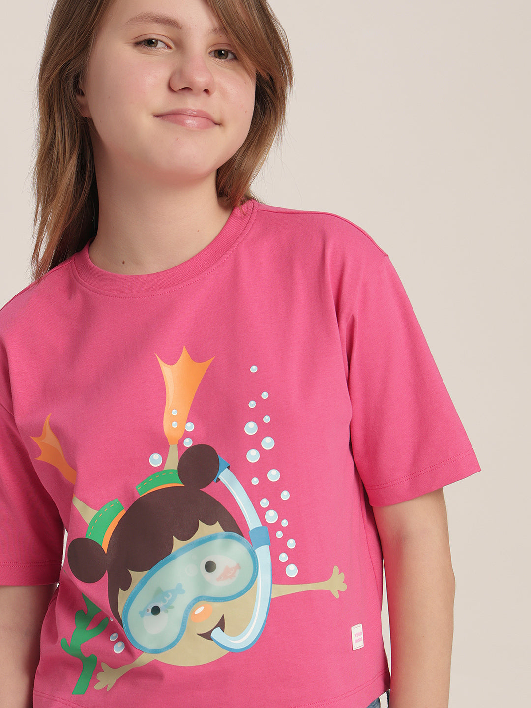 Girls Pink Printed Cotton T-shirt