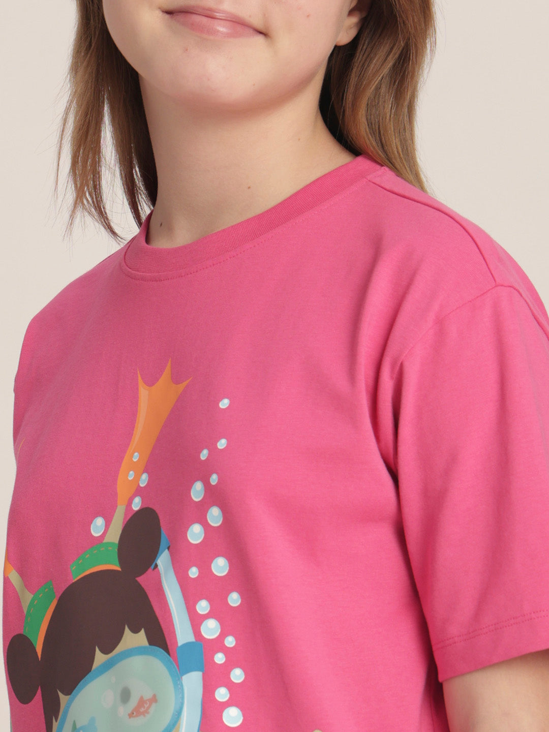Girls Pink Printed Cotton T-shirt