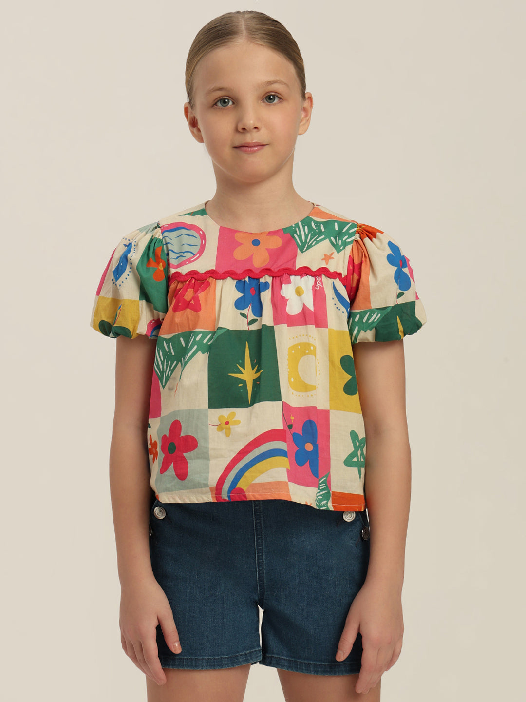 GIRLS Puff Sleeves Printed Top