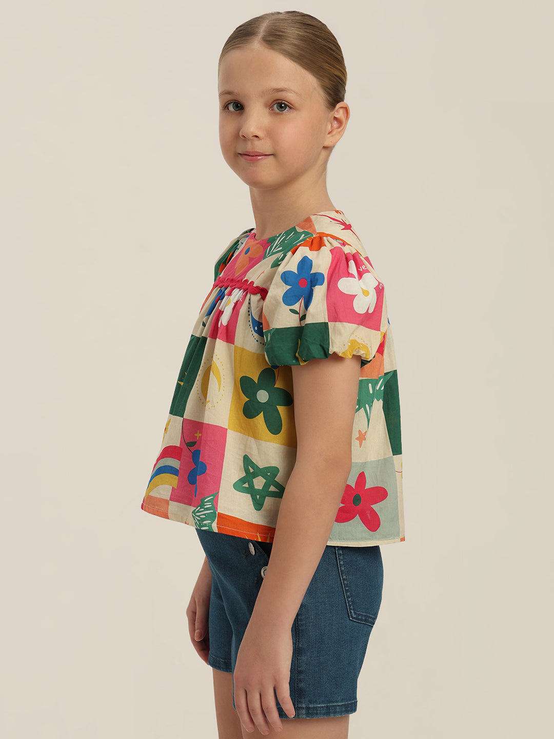 GIRLS Puff Sleeves Printed Top