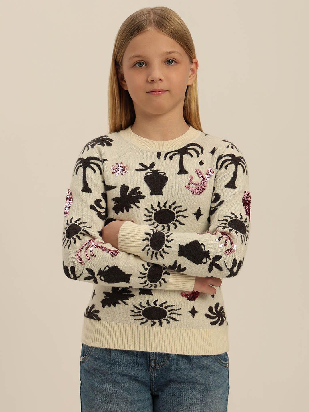 GIRLS Printed Round Neck Sweater