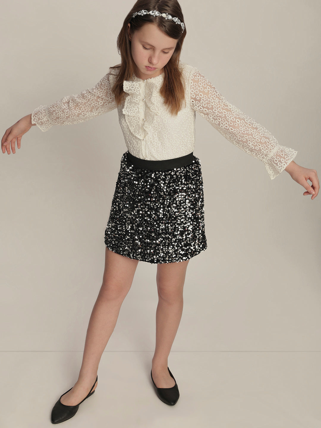 Girls Off-White Lace Ruffle Top