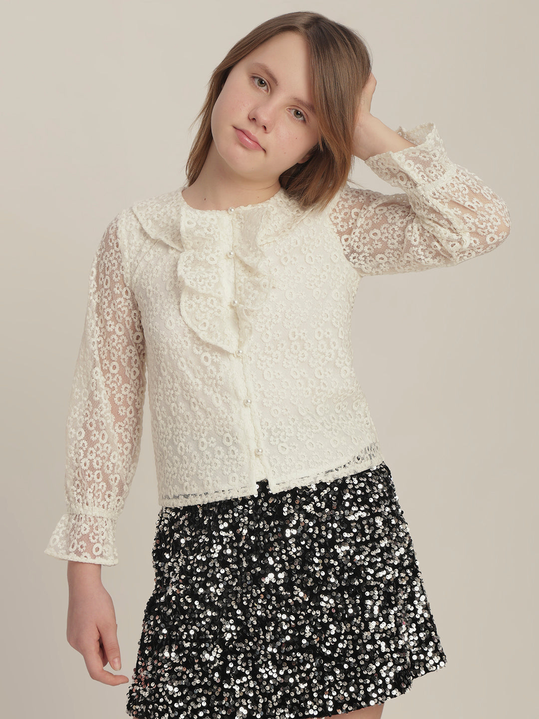 Girls Off-White Lace Ruffle Top
