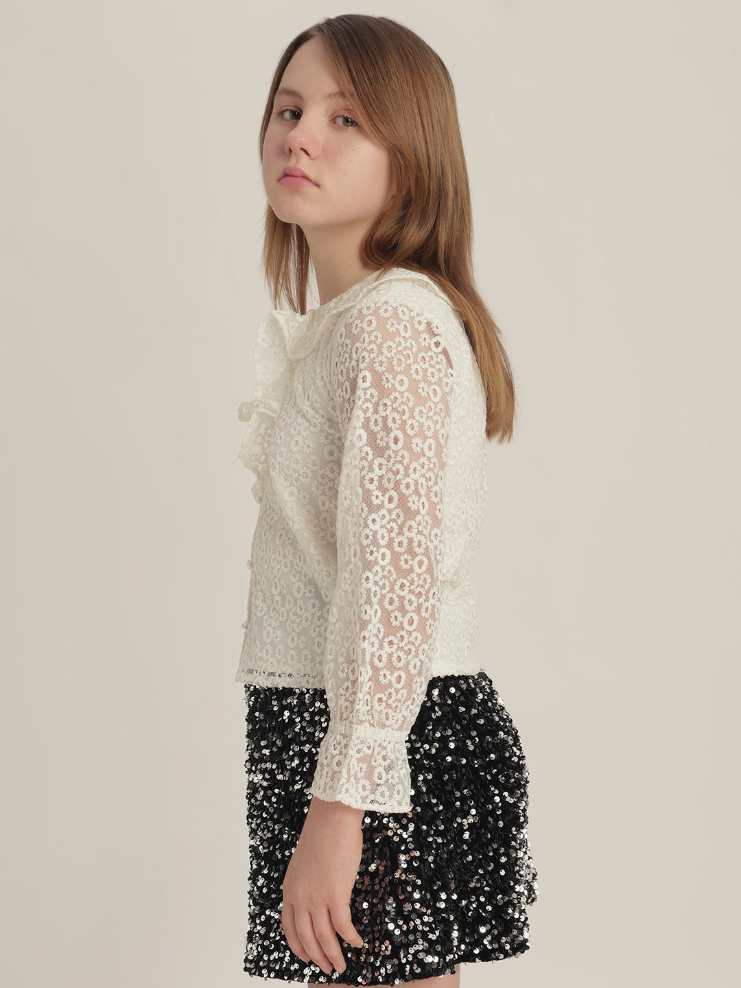 Girls Off-White Lace Ruffle Top