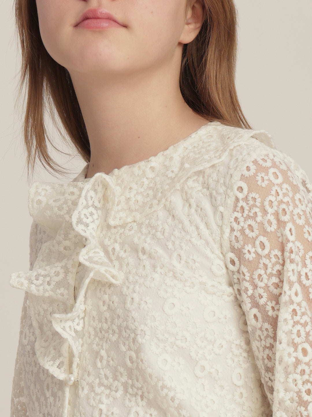 Girls Off-White Lace Ruffle Top
