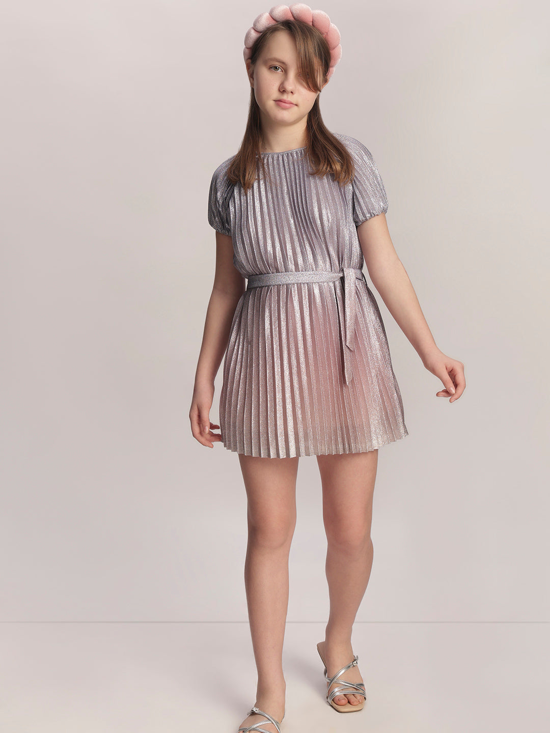 Girls Pleated Metallic Dress