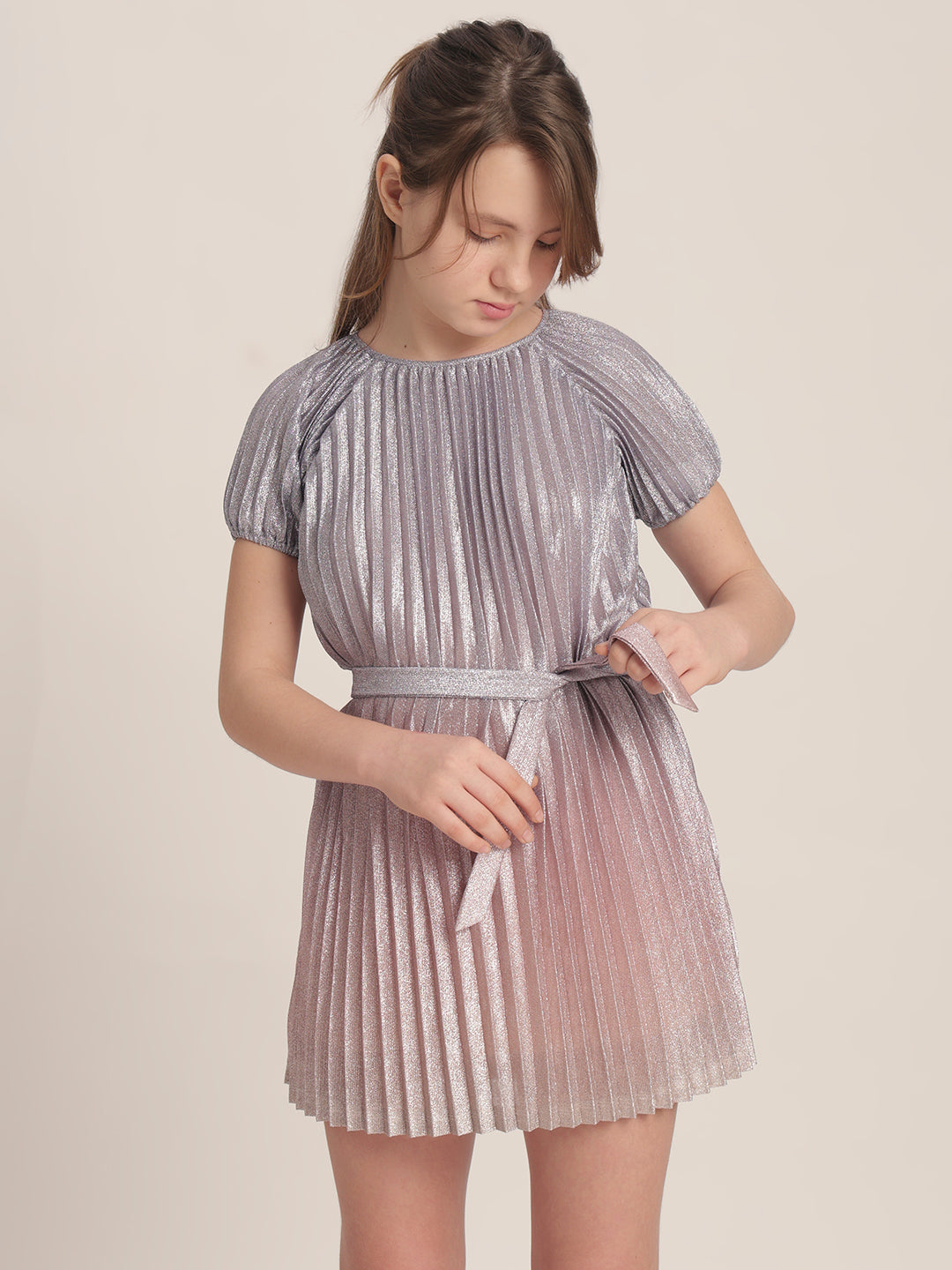 Girls Pleated Metallic Dress
