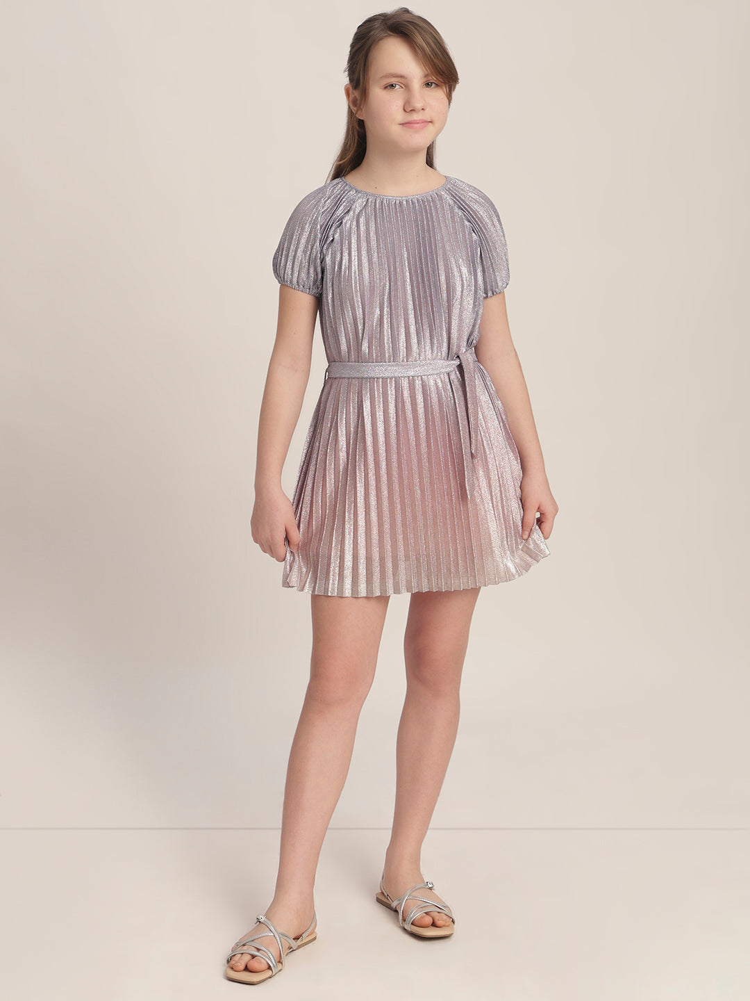 Girls Pleated Metallic Dress