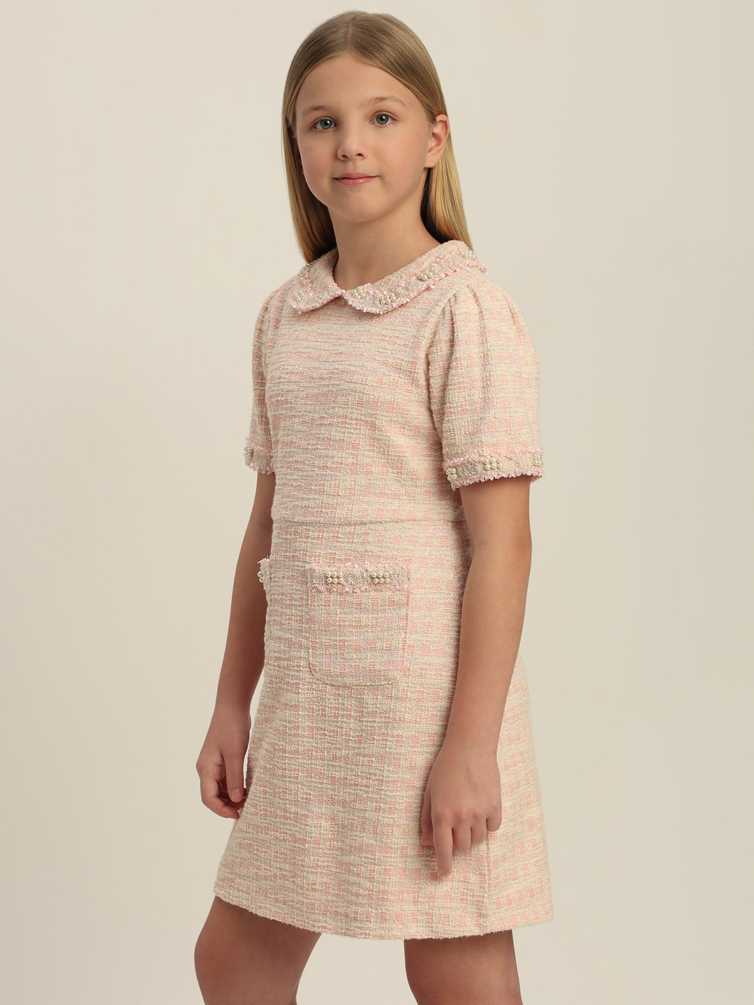 Girls Textured Pearl Embellished Dress