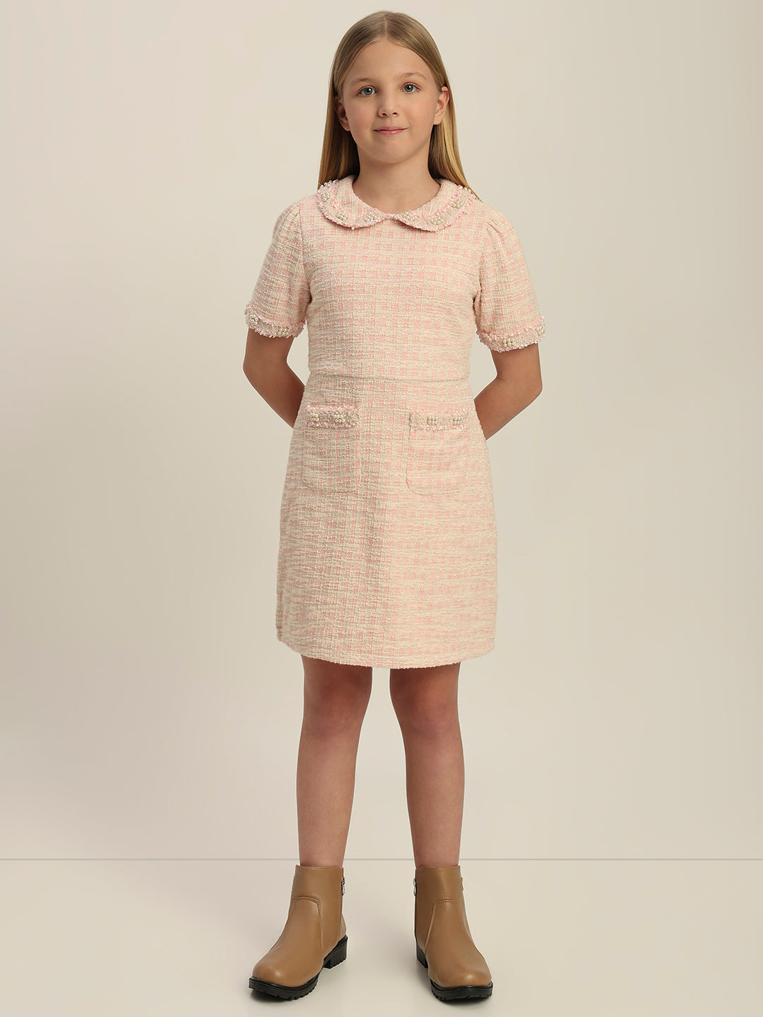 Girls Textured Pearl Embellished Dress