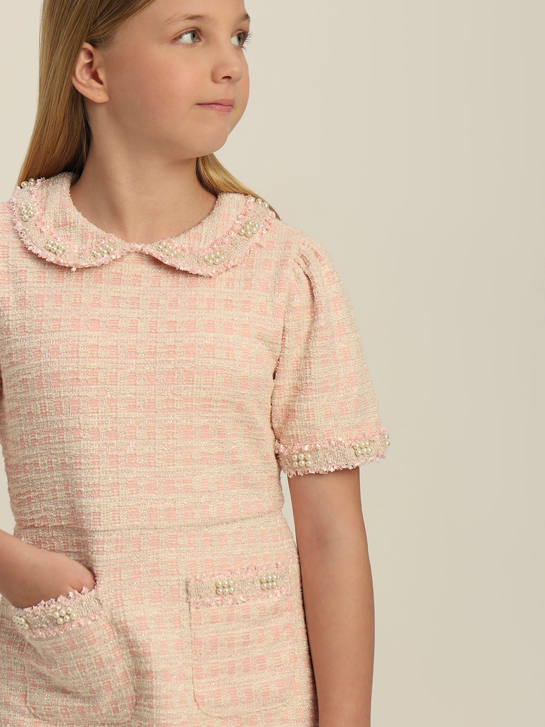 Girls Textured Pearl Embellished Dress