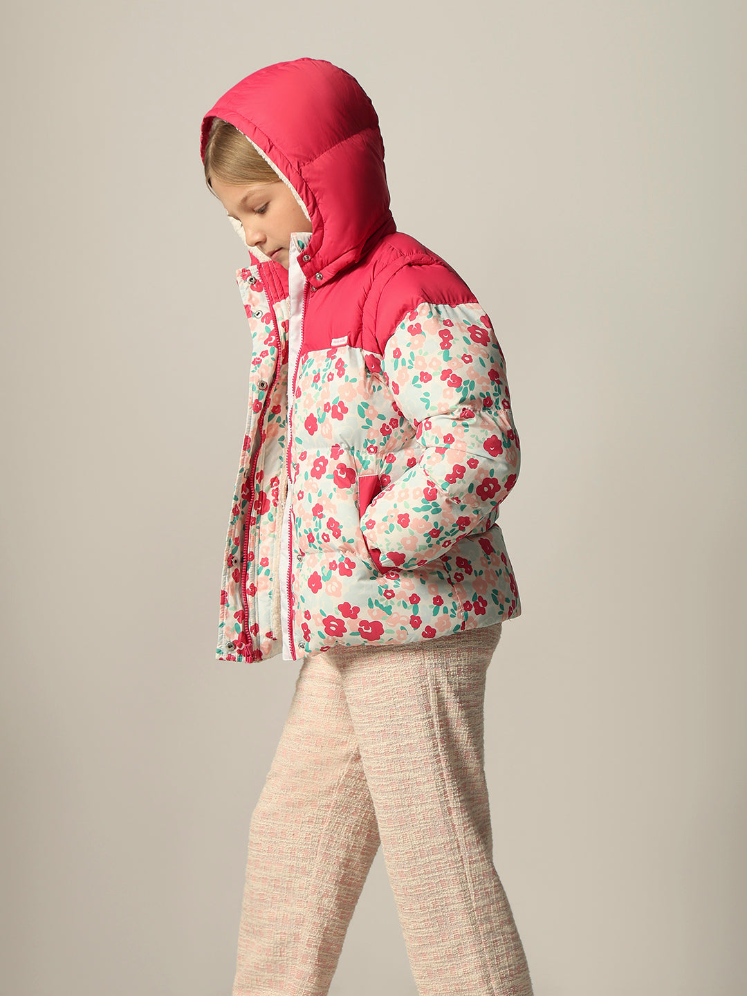 Girls Pink Printed Hooded Puffer Jacket