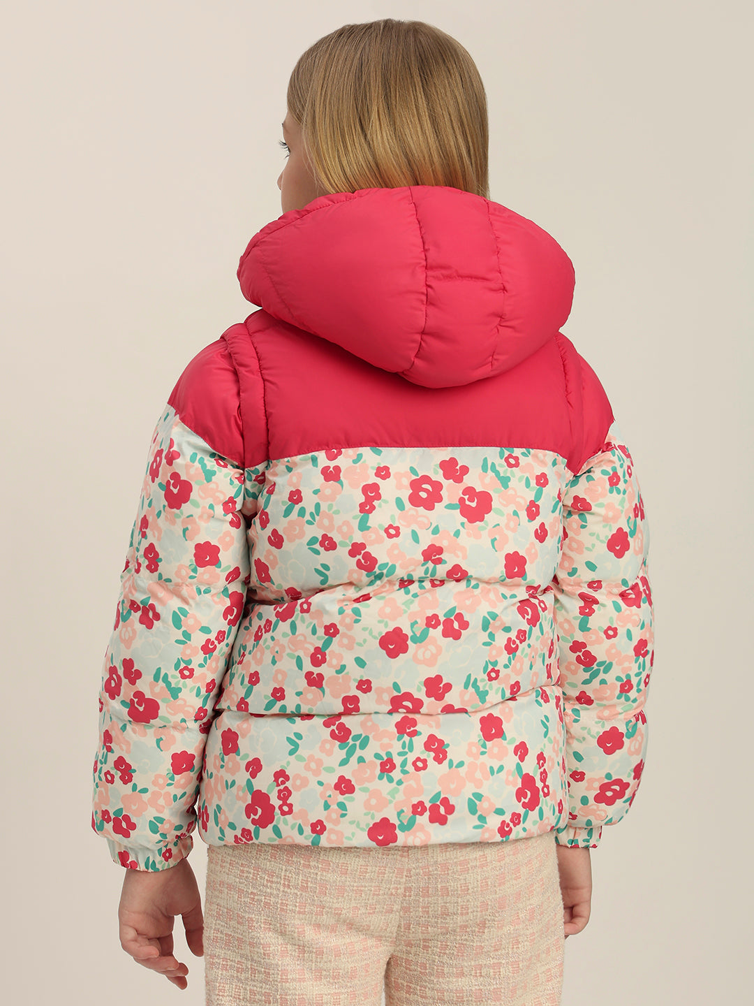 Girls Pink Printed Hooded Puffer Jacket