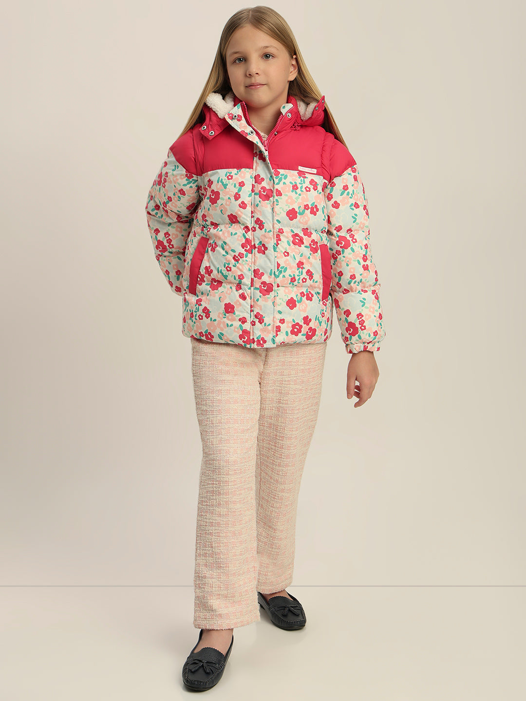 Girls Pink Printed Hooded Puffer Jacket
